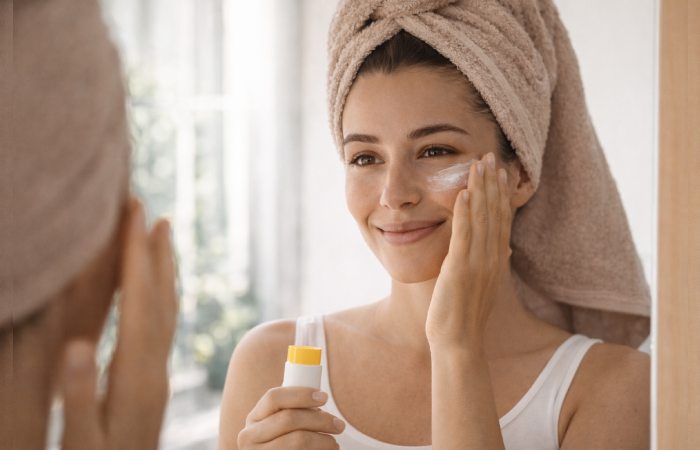 Applying sunscreen as final step in morning skincare routine