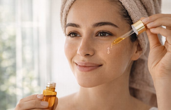 Applying vitamin C serum for bright glowing skin